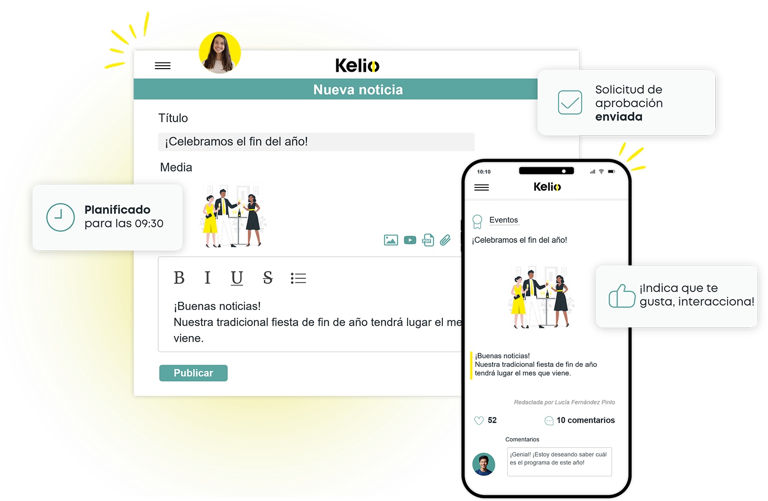Interfaz Kelio para crear y difundir una noticia en ordenador y smartphone