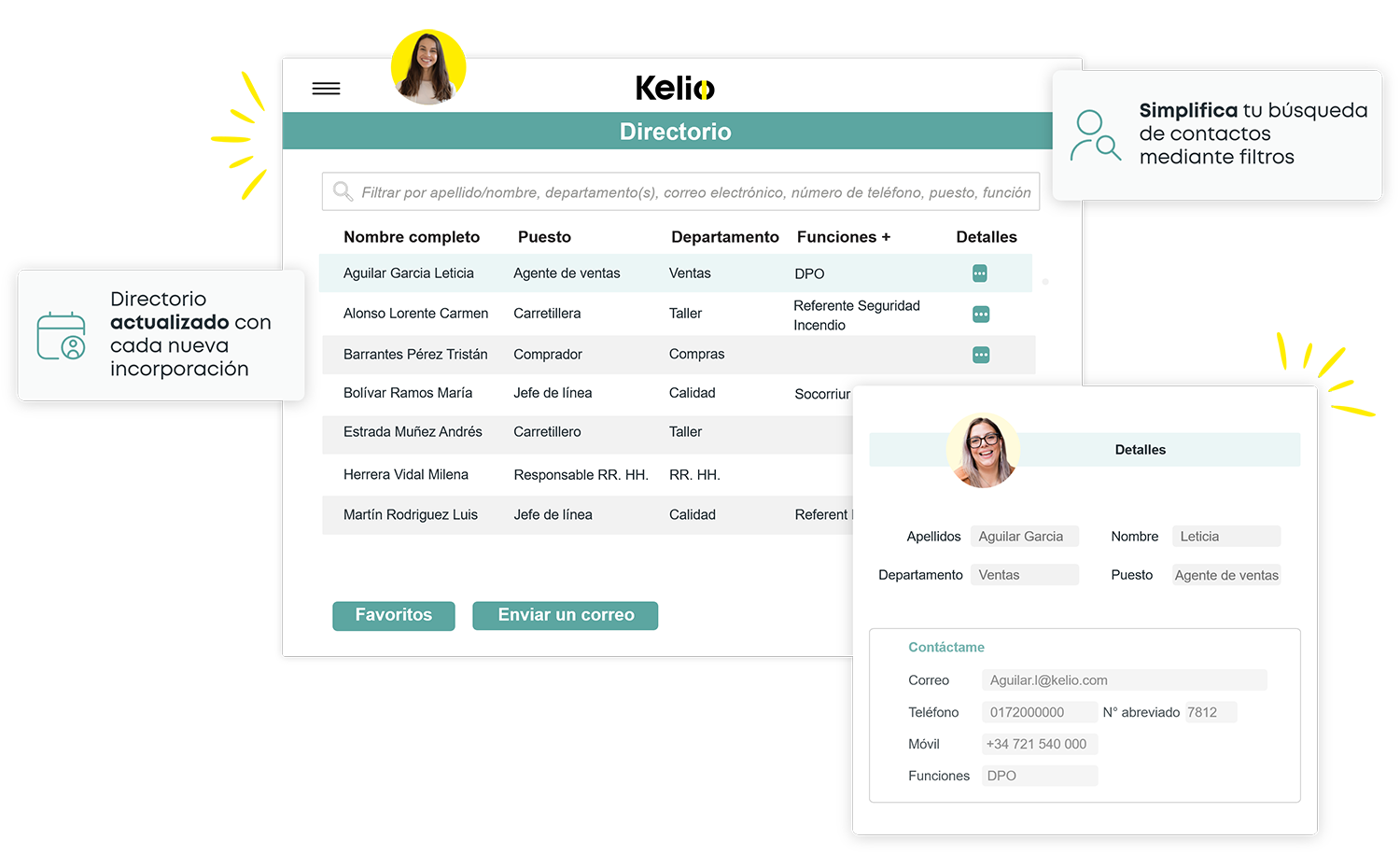 Interfaz del directorio de Kelio para buscar con filtros los contactos de los empleados de la empresa