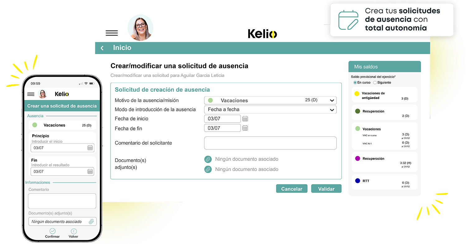 Interfaz del software Kelio en móvil y ordenador para solicitar vacaciones y ausencias laborales