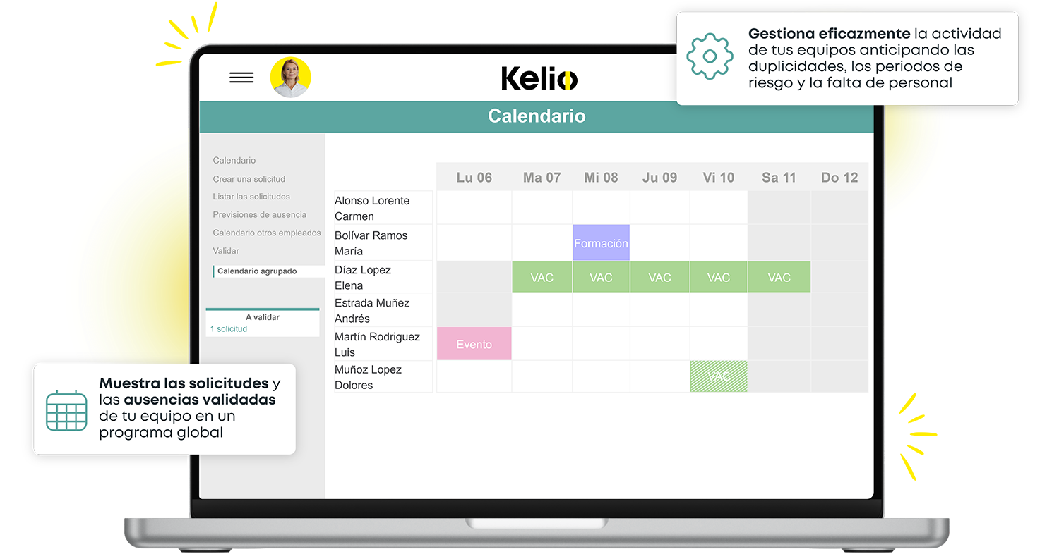 Calendario de ausencias y vacaciones del equipo en la plataforma Kelio desde un portátil