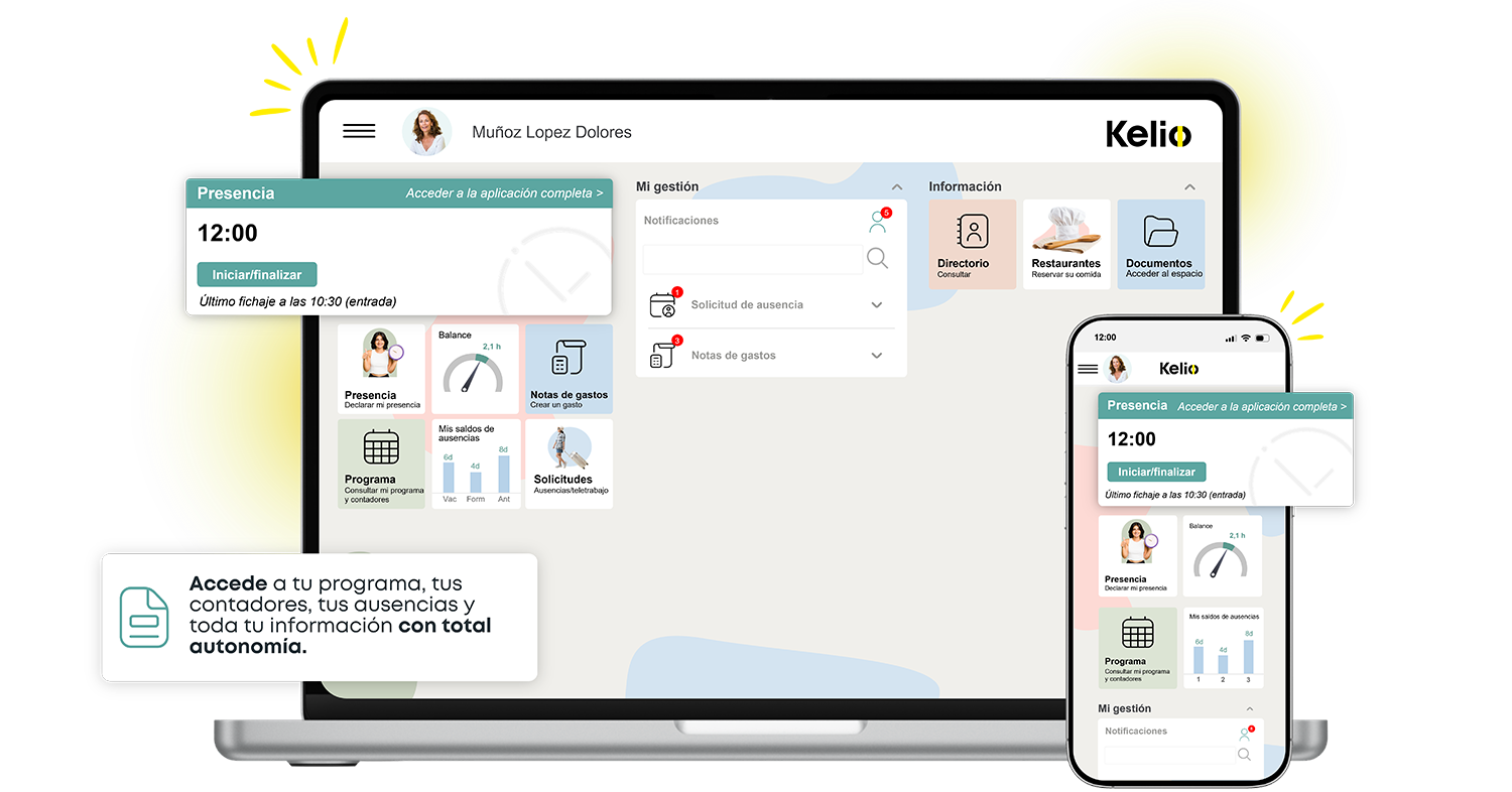 Portal del empleado Kelio en móvil y web para fichar en remoto, ver el saldo de horas e historial de jornadas