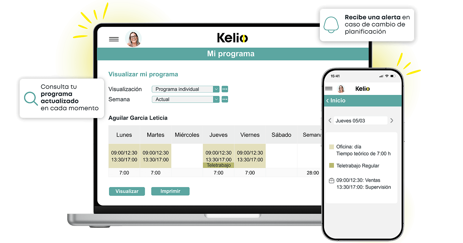 Portal del empleado de Kelio con cuadrante de turnos en portátil y móvil