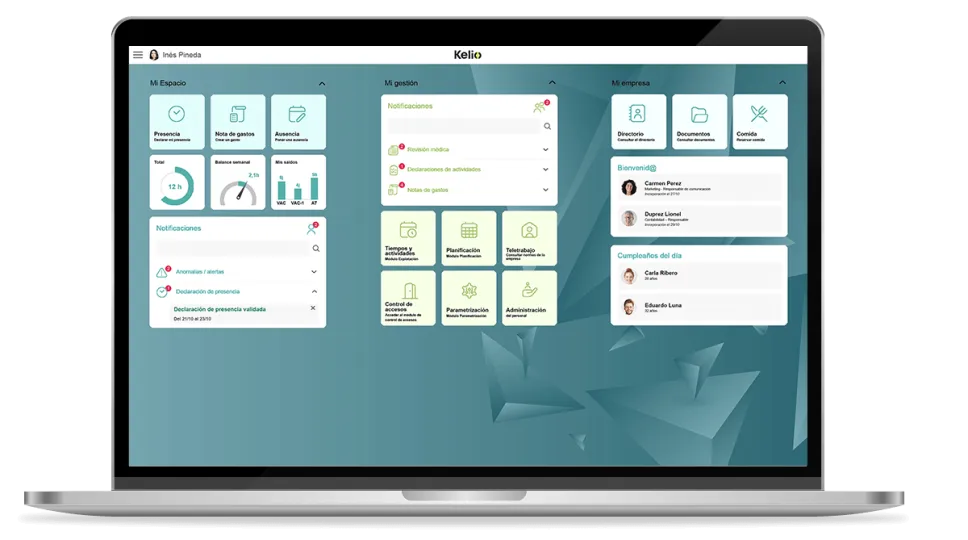Interfaz del software Kelio para el registro de jornada y control horario en asesorías