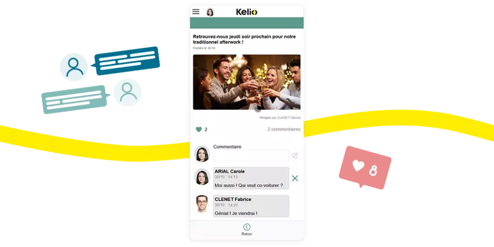 Portal Kelio en modo red social: noticias, testimonios e interacciones (me gusta, comentarios) de los empleados