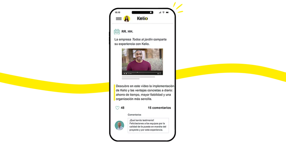 Portal Kelio en modo red social: noticias, testimonios e interacciones (me gusta, comentarios) de los empleados