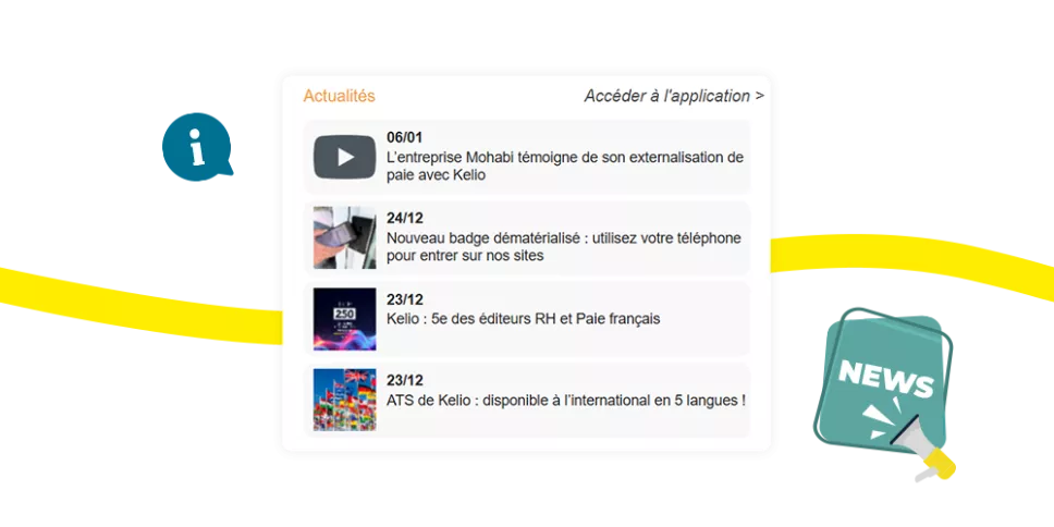 Sección de noticias Kelio filtrada por departamento y sitio para una comunicación interna relevante