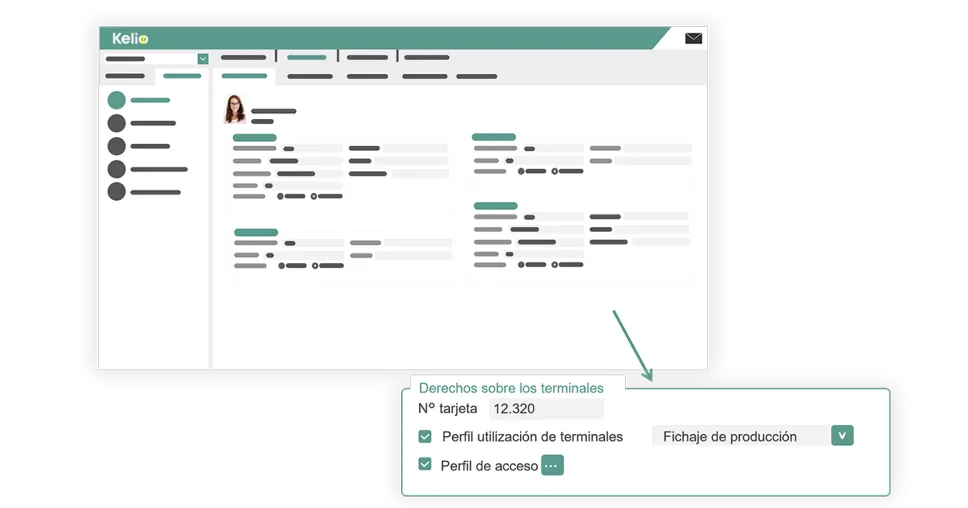 Interfaz de Kelio mostrando la configuración detallada de derechos y perfiles de acceso para empleados en ESBO Logistics