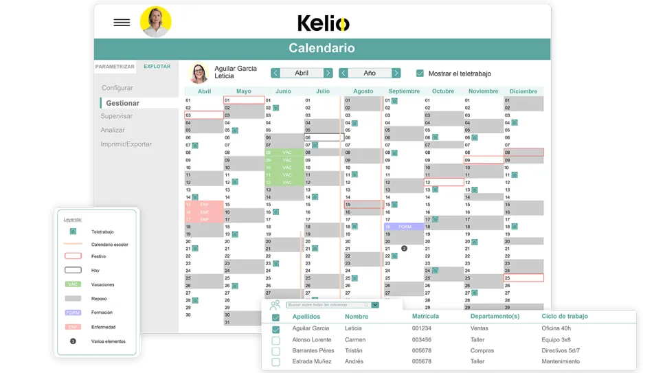 Vista general del calendario de gestión para todos los tipos de ausencias y vacaciones en Kelio