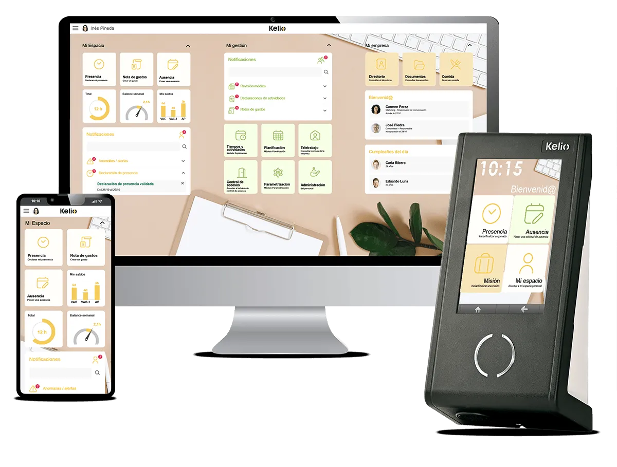 Terminal de fichaje, pantalla de ordenador y smartphone con el software Kelio