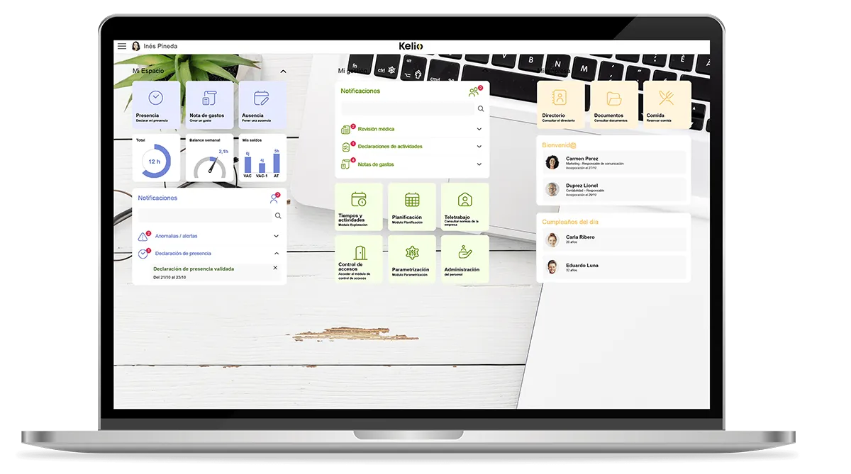 Interfaz del software Kelio para el control horario y registro de jornada en teletrabajo desde el navegador