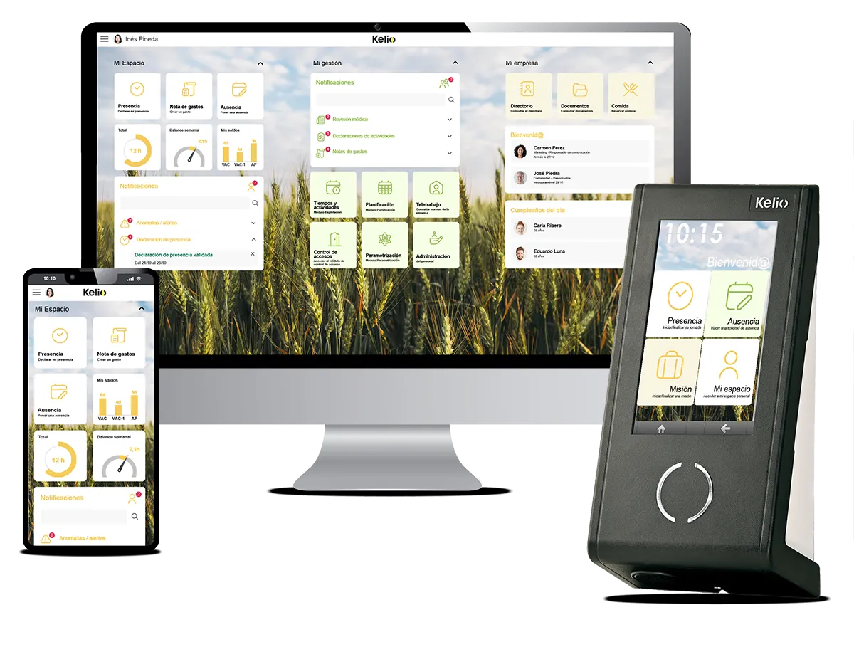Captura de pantalla del portal de RR. HH. Kelio, adaptada al sector agrícola y de campo, en un ordenador, un teléfono móvil y un terminal de fichaje