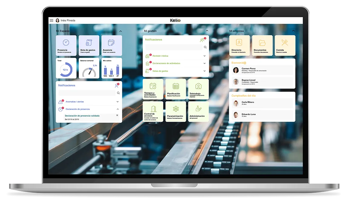 Interfaz del software Kelio para la planificación de turnos y gestión de personal en líneas de producción