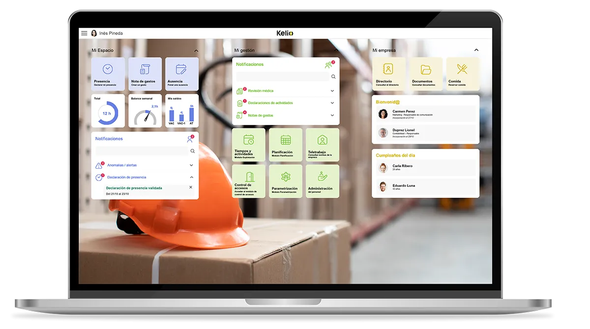 Software de control horario Kelio mostrado en un ordenador con fondo del sector logística y almacén
