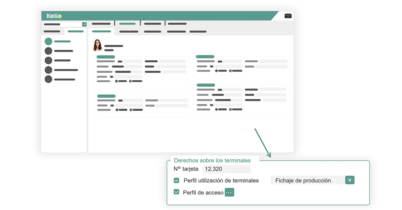 Interfaz de Kelio mostrando la configuración detallada de derechos y perfiles de acceso para empleados en ESBO Logistics