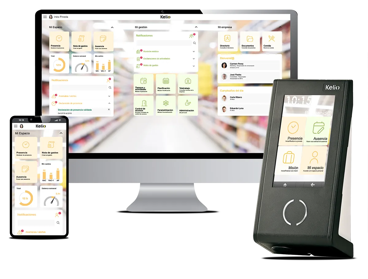 Captura de pantalla del portal de RR. HH. Kelio, adaptada al sector de los supermercados y comercio, en un ordenador, un teléfono móvil y un terminal de fichaje